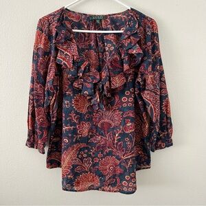 Lauren Ralph Lauren Paisley Cotton Ruffle Collar Blouse Women’s M Preppy Classic
